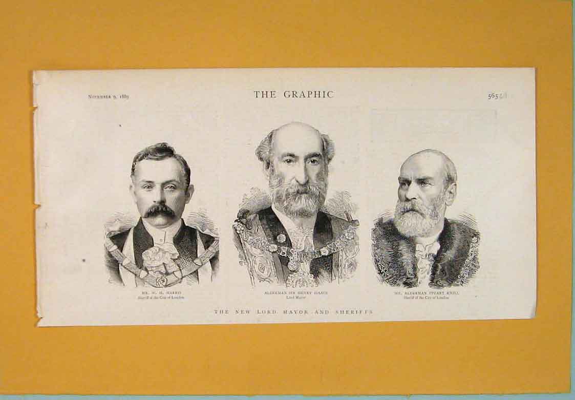 Old Antique Print Lord Mayor Sheriffs Harris Isaacs Knill Portrait 1889 19th