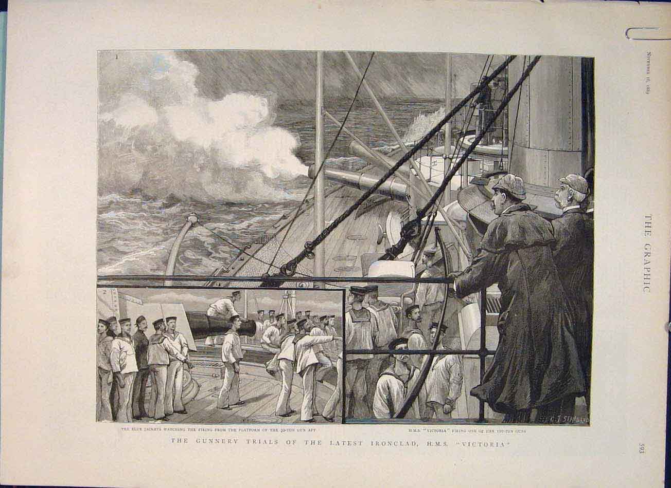 Original Old Antique Print Gunnery Trials Ironclad Hms Victory Ship 1889 19th