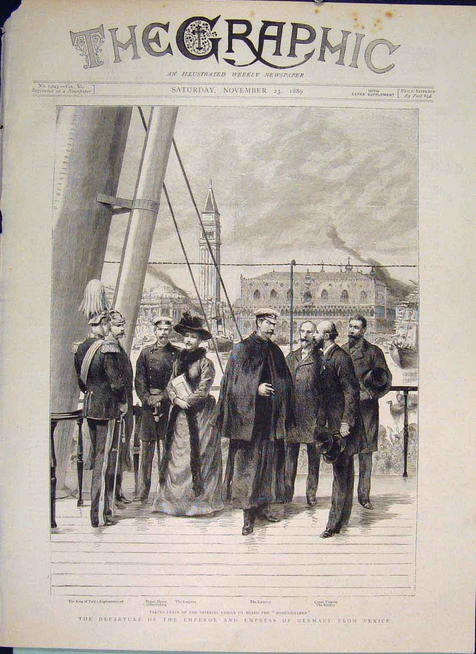 Original Old Antique Print Hohenzollern Emperor Empress Germany Venice 1889 19th