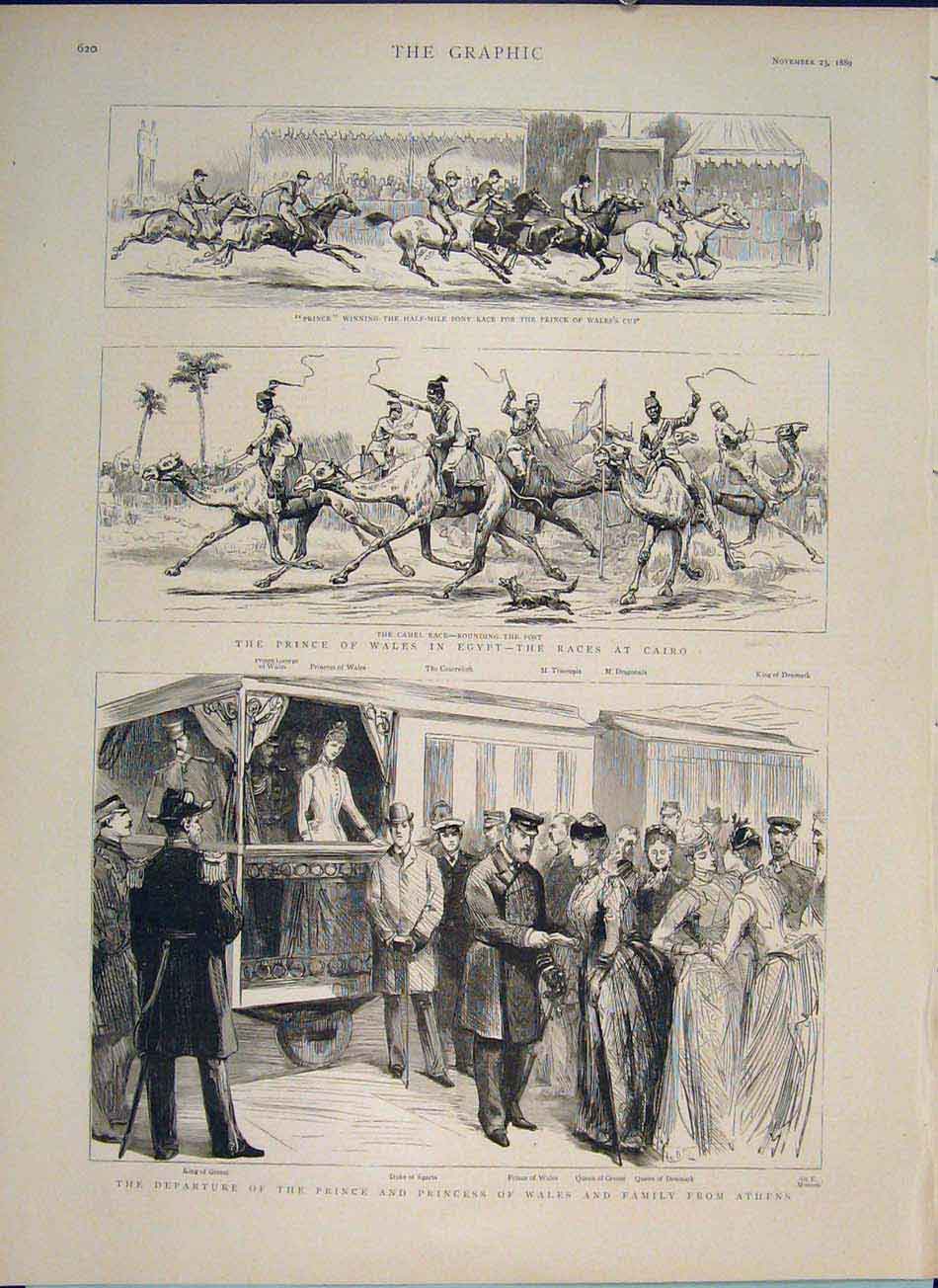 Original Old Antique Print Athens Prince Princess Wales Egypt Races Cairo Africa
