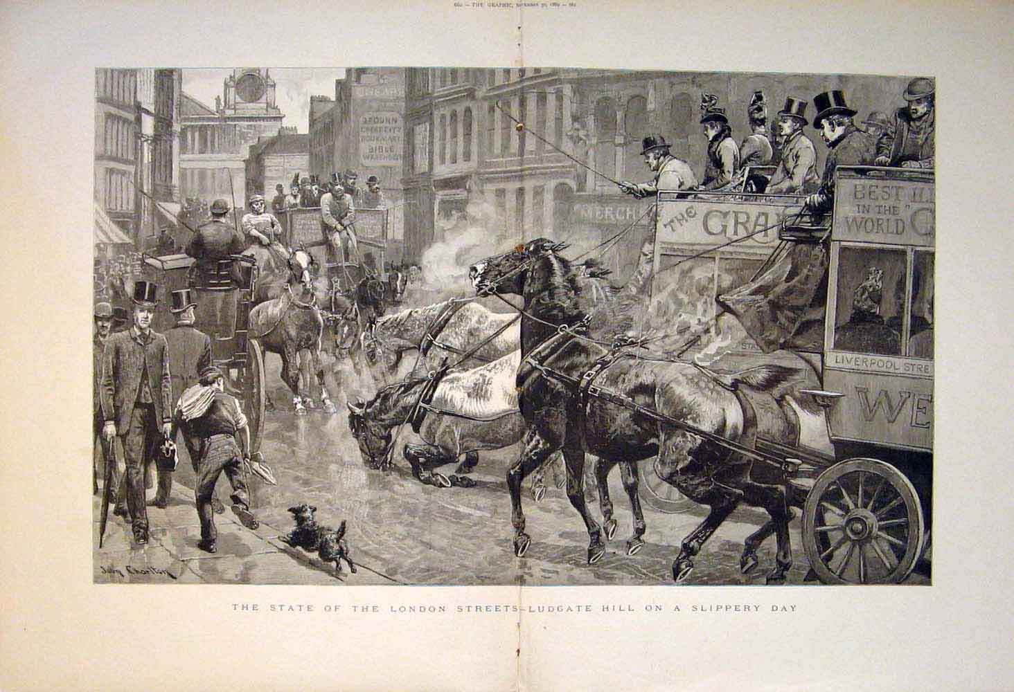 Original Old Antique Print London Streets Ludgate Hill Slippery Ice Horses 1889