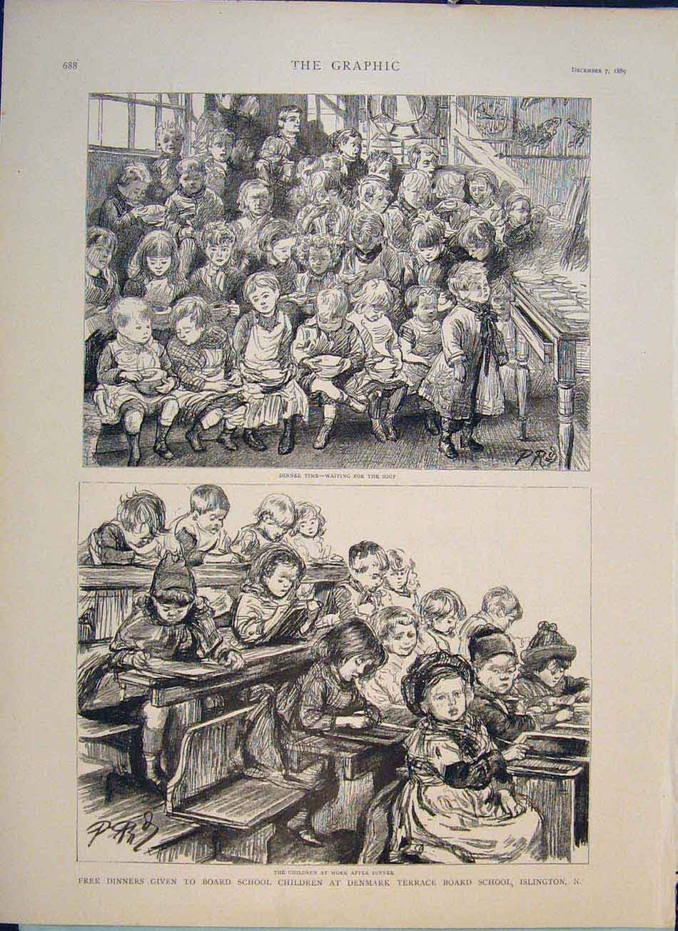 Original Old Antique Print Schoolchildren Denmark Terrace Board Islington Dinner