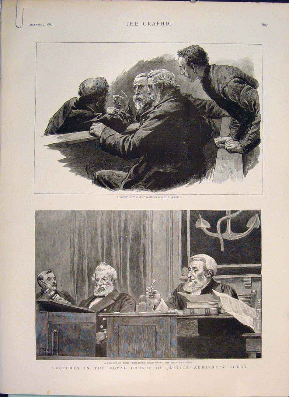 Original Old Antique Print Salts Verdict Royal Court Justice Admiralty Divorce