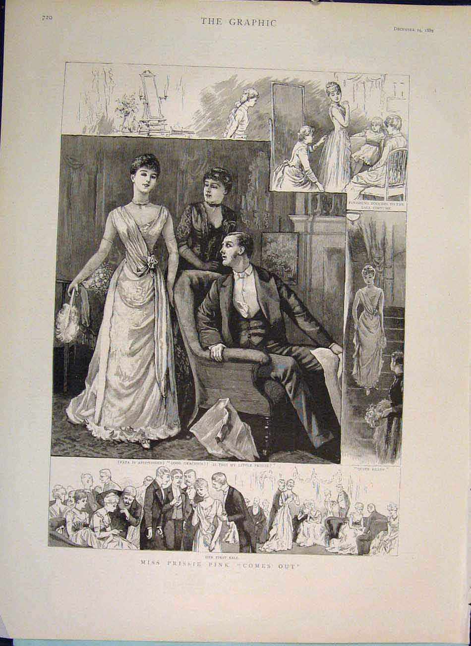 Original Old Antique Print Prissie Pink Ball London Coming Out 1889 Victorian