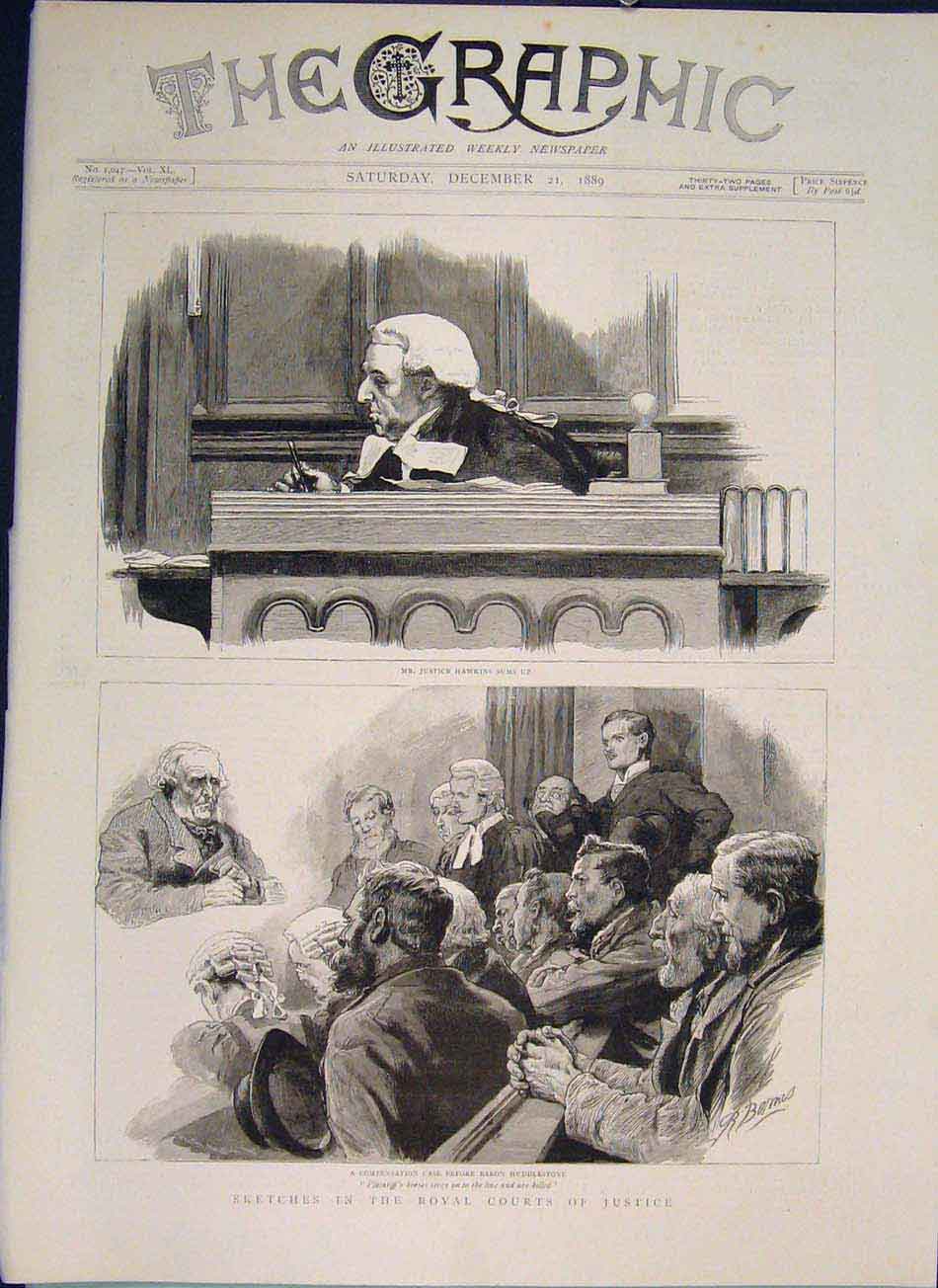Original Old Antique Print Sketches Royal Court Justice London Huddlestone 1889