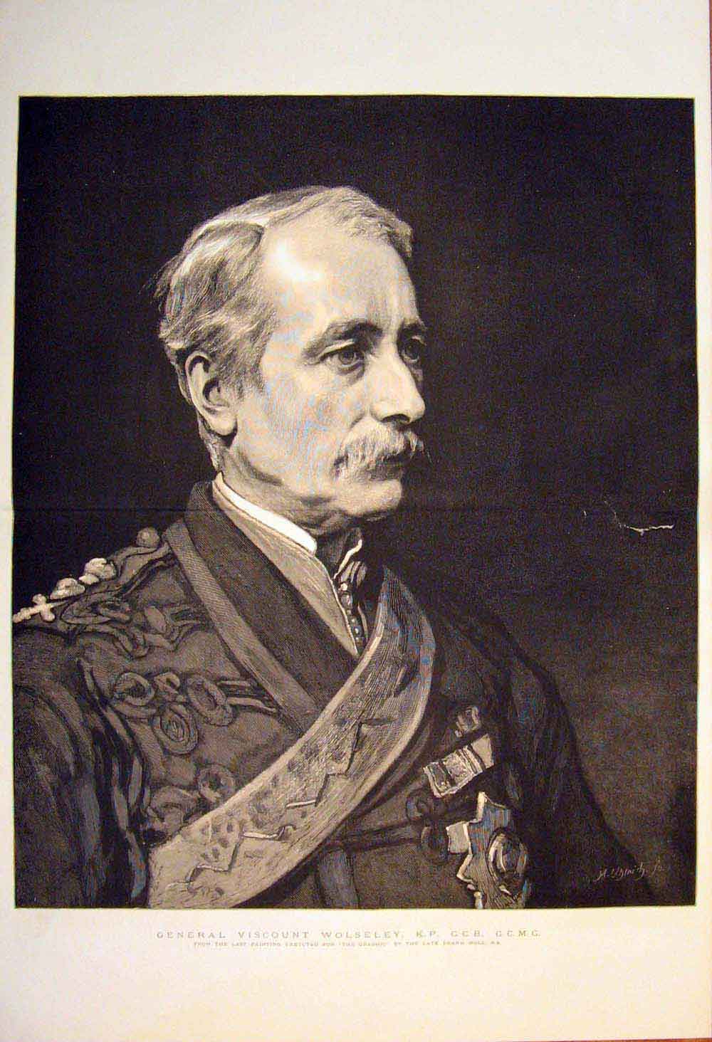 Old Antique Print Sepia Portrait General Viscount Wolseley Holl 1889 Nr 19th
