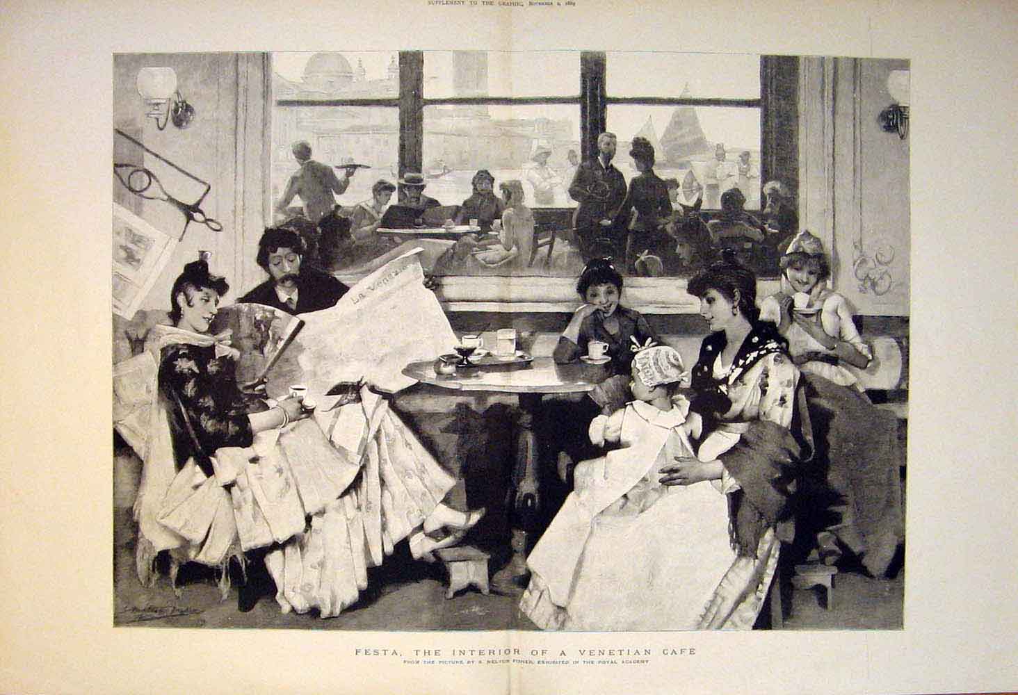 Original Old Antique Print Festa Interior Venetian Caf∆ü ® Fisher 1889 19th