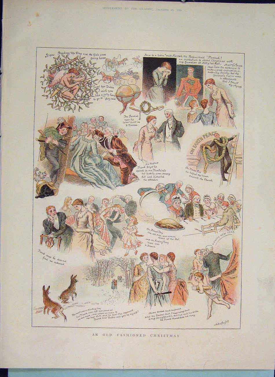Original Old Antique Print Fasahioned Christmas Fashion Sketches Hughes 1889