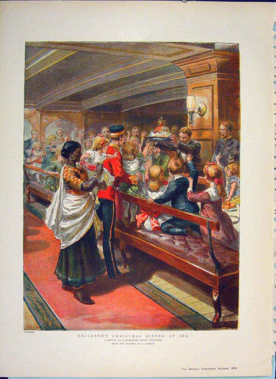 Original Old Antique Print Children Christmas Dinner Troopship Durand 1889 19th