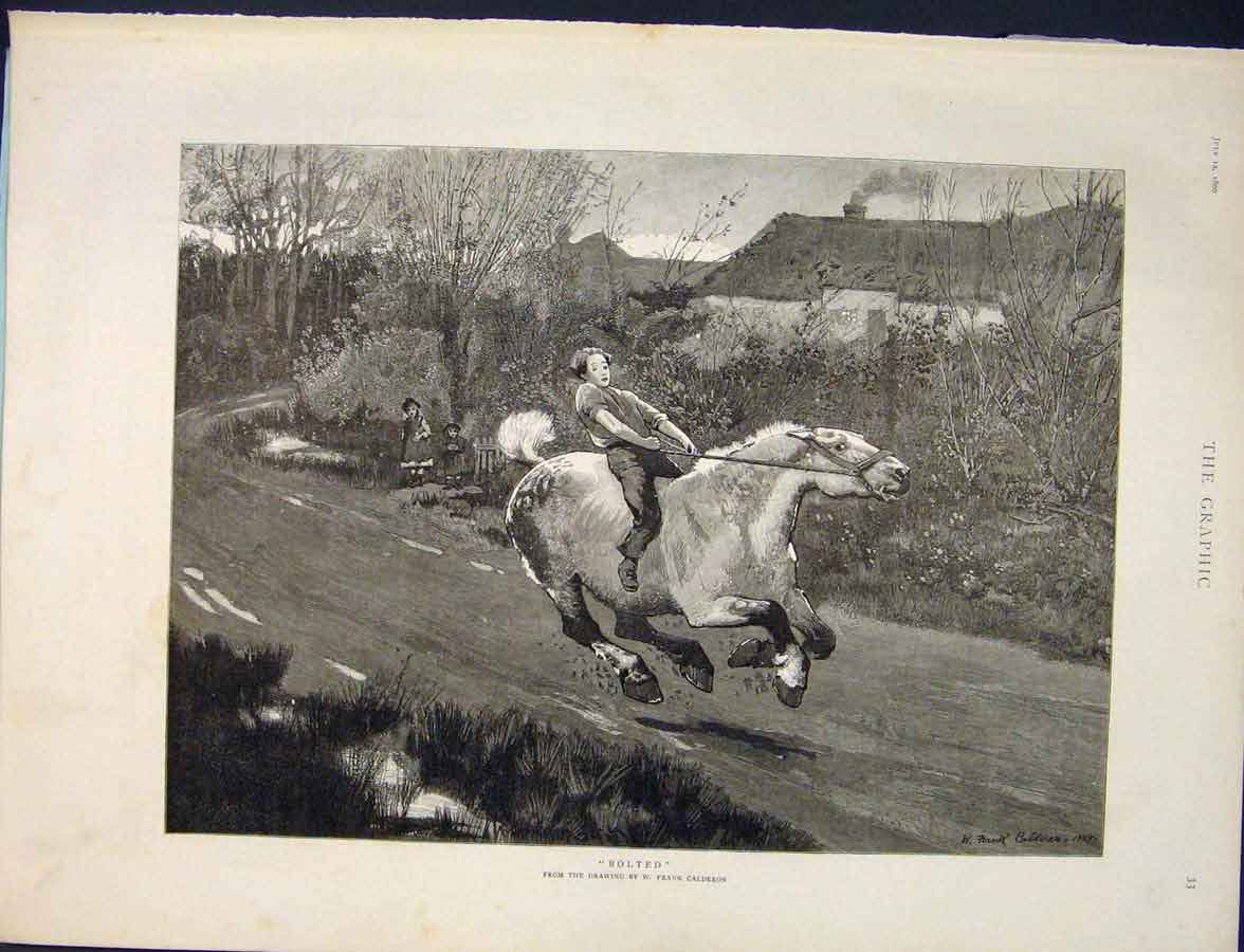 Original Old Antique Print Bolted Calderon Horse Galloping Boy Fine Art 1890