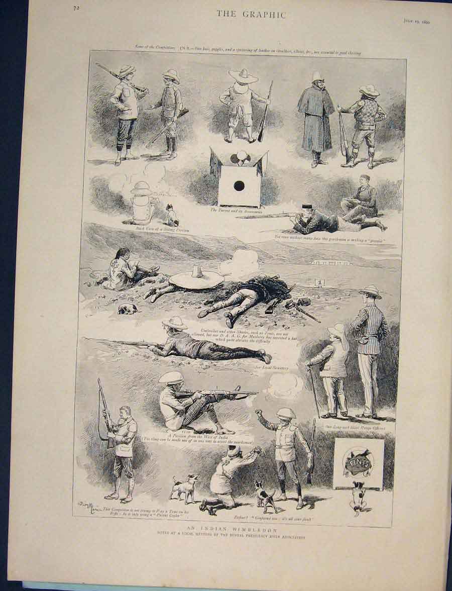 Original Old Antique Print Indian Wimbeldon Rifle Rifles Association 1890 19th