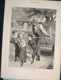 Original Old Antique Print Helping Gardener Robert Barnes Children Fine Art 1890