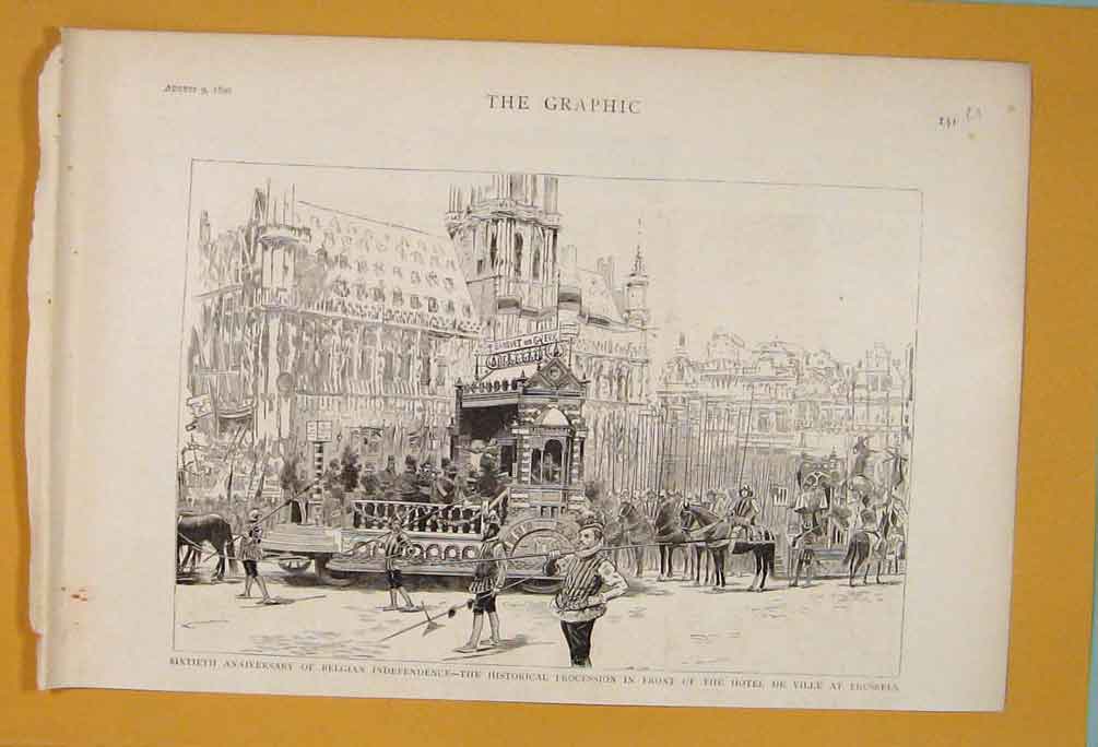 Original Old Antique Print Belgian Anniversary Brussels Procession 1890 19th
