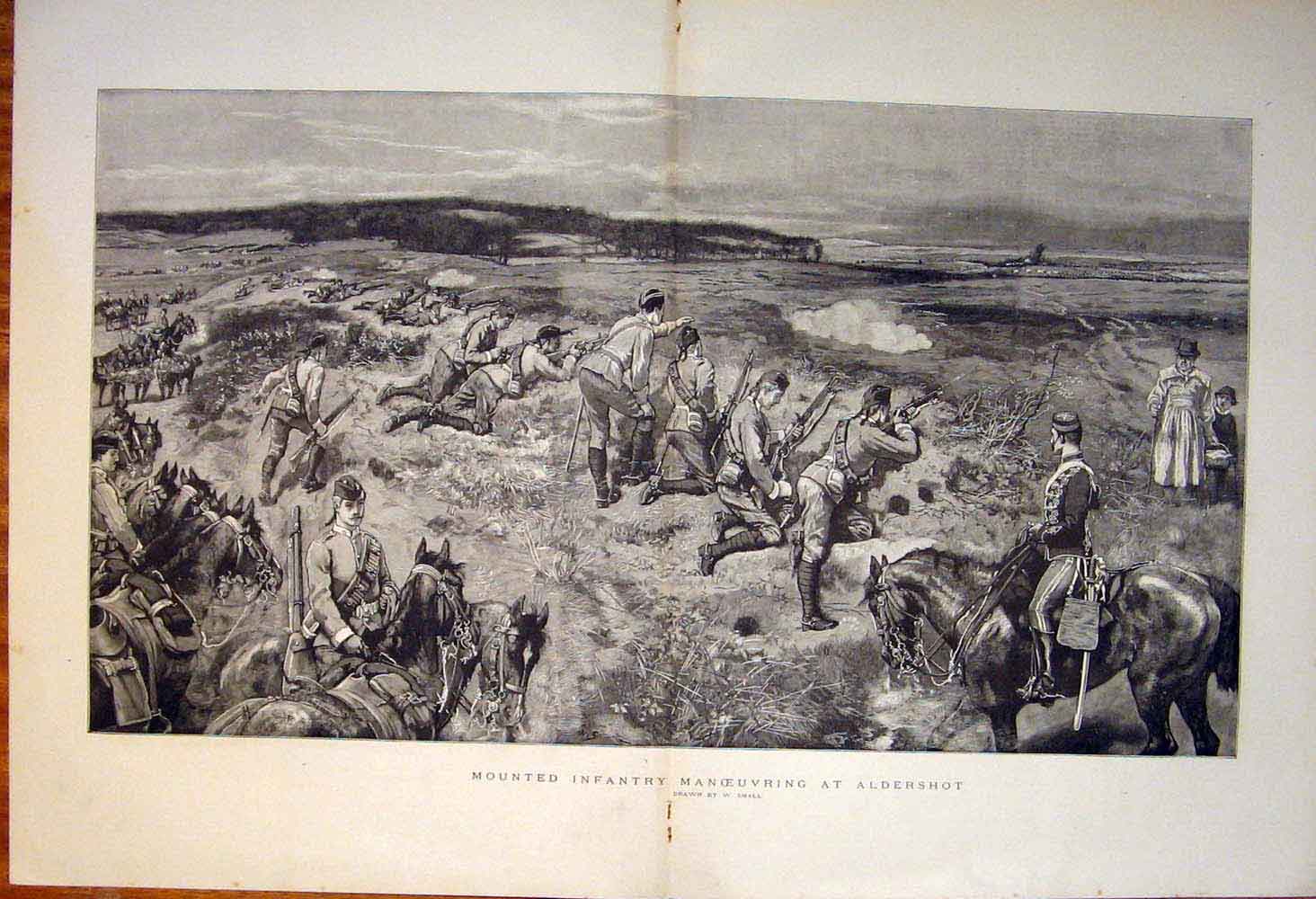 Old Antique Print Mounted Infantry Manoeuvres Aldershot Small Army 1890 19th