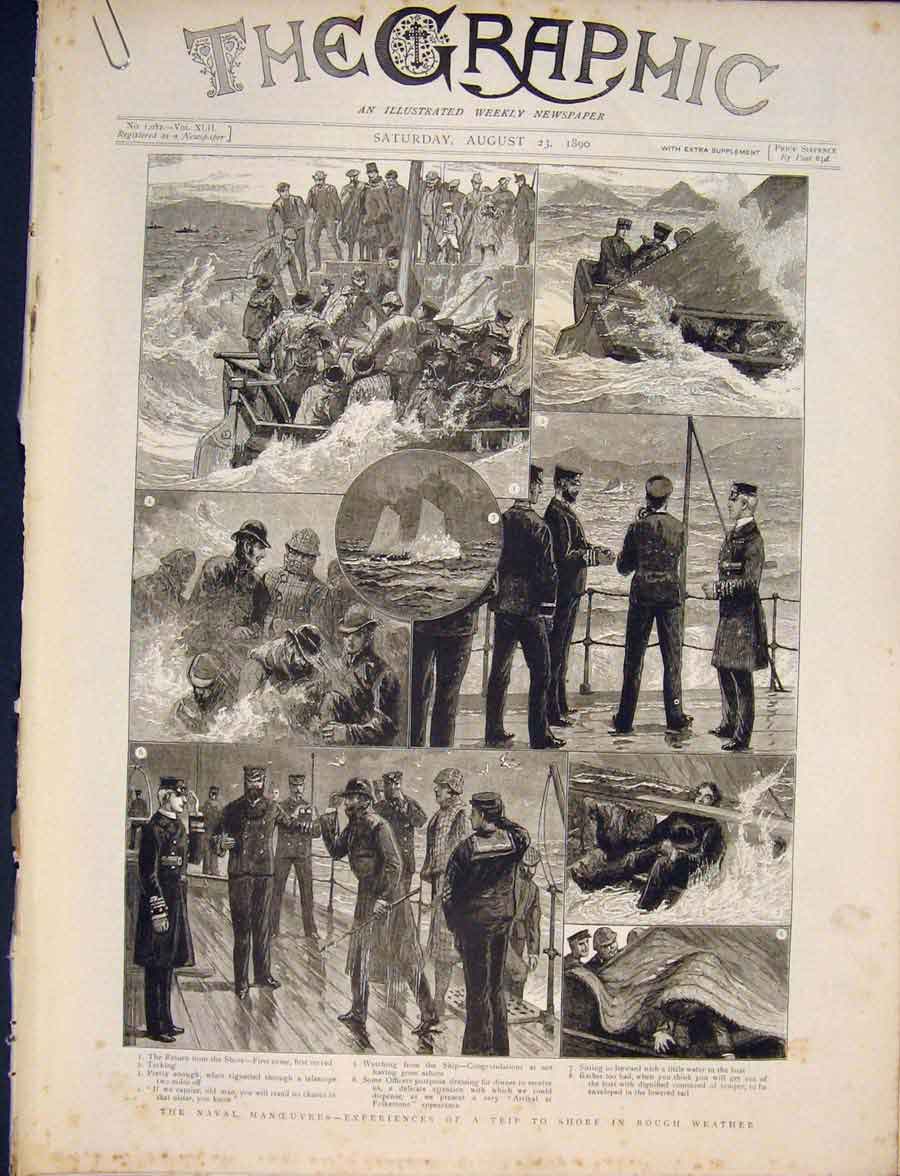 Original Old Antique Print Naval Manoeuvres Hms Conqueror Blue Jacket Ship 1890