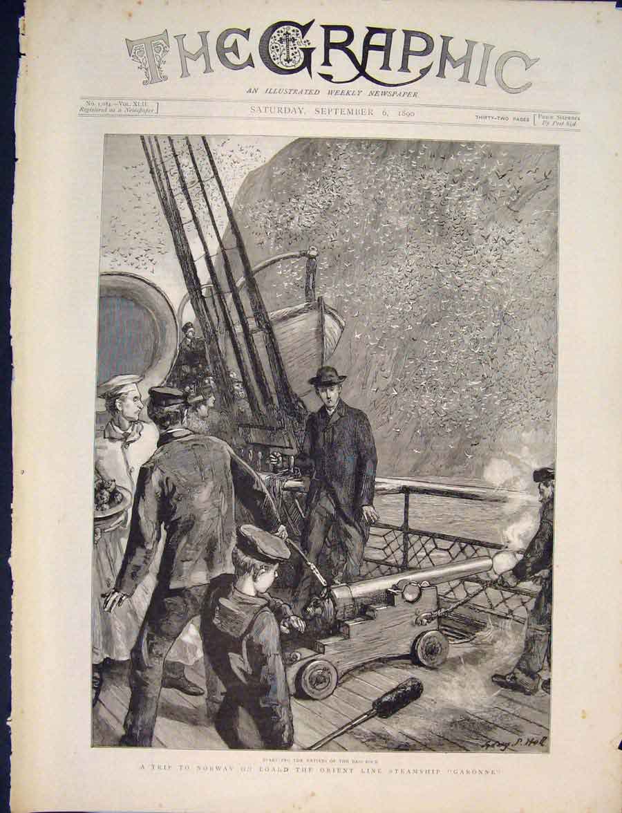 Original Old Antique Print Norway Orient Line Steam Ship Garonne Bass Rock 1890