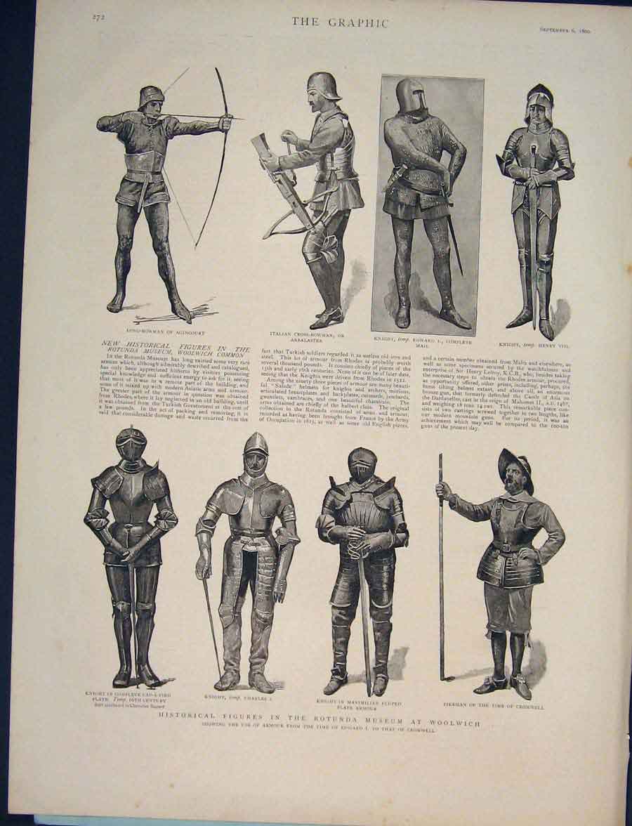 Original Old Antique Print Rotunda Museum Woolwich Armour Edward Cromwell 1890