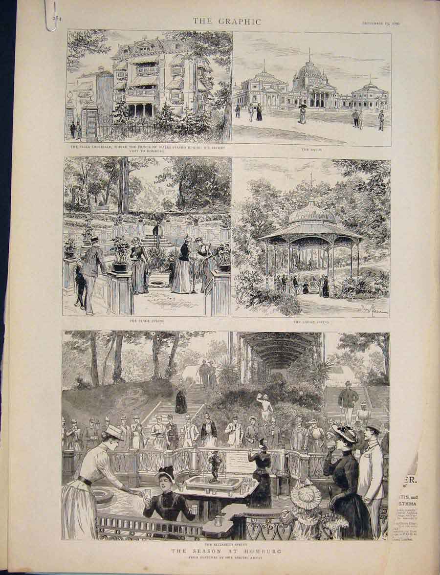 Original Old Antique Print Homburg Sspring Castle Water Nymph Sketches 1890
