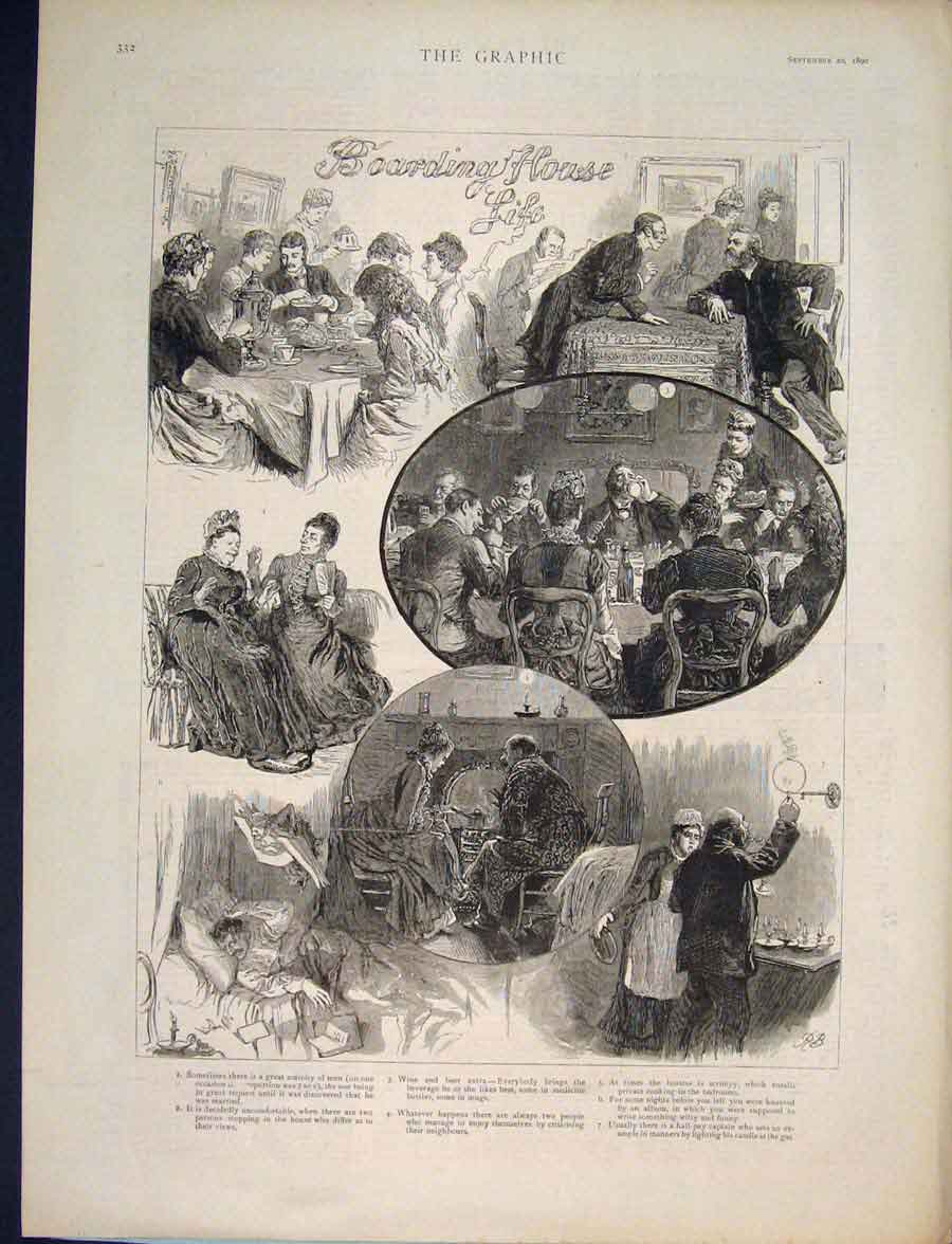Original Old Antique Print Boarding House Life Sketches 1890 19th