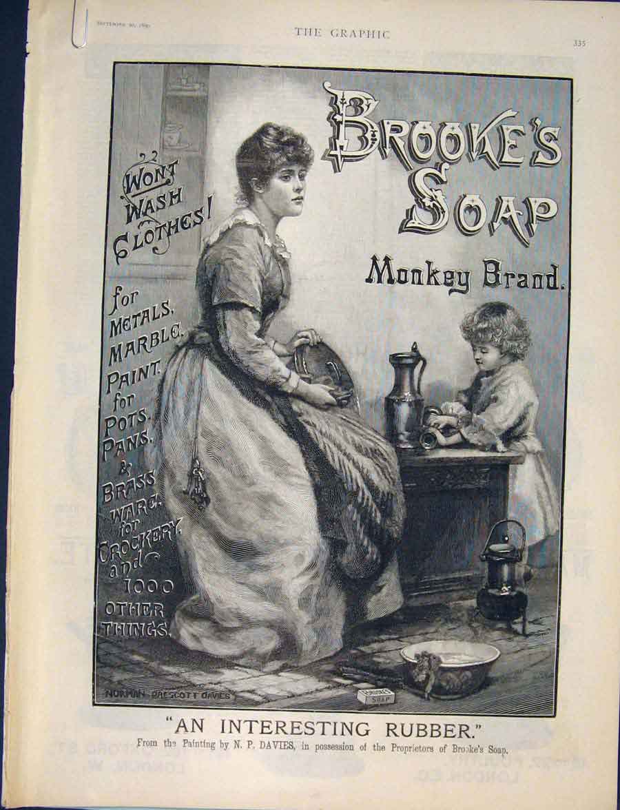 Original Old Antique Print Brookes Soap Monkey Brand Advert Davies Brooke'S 1890