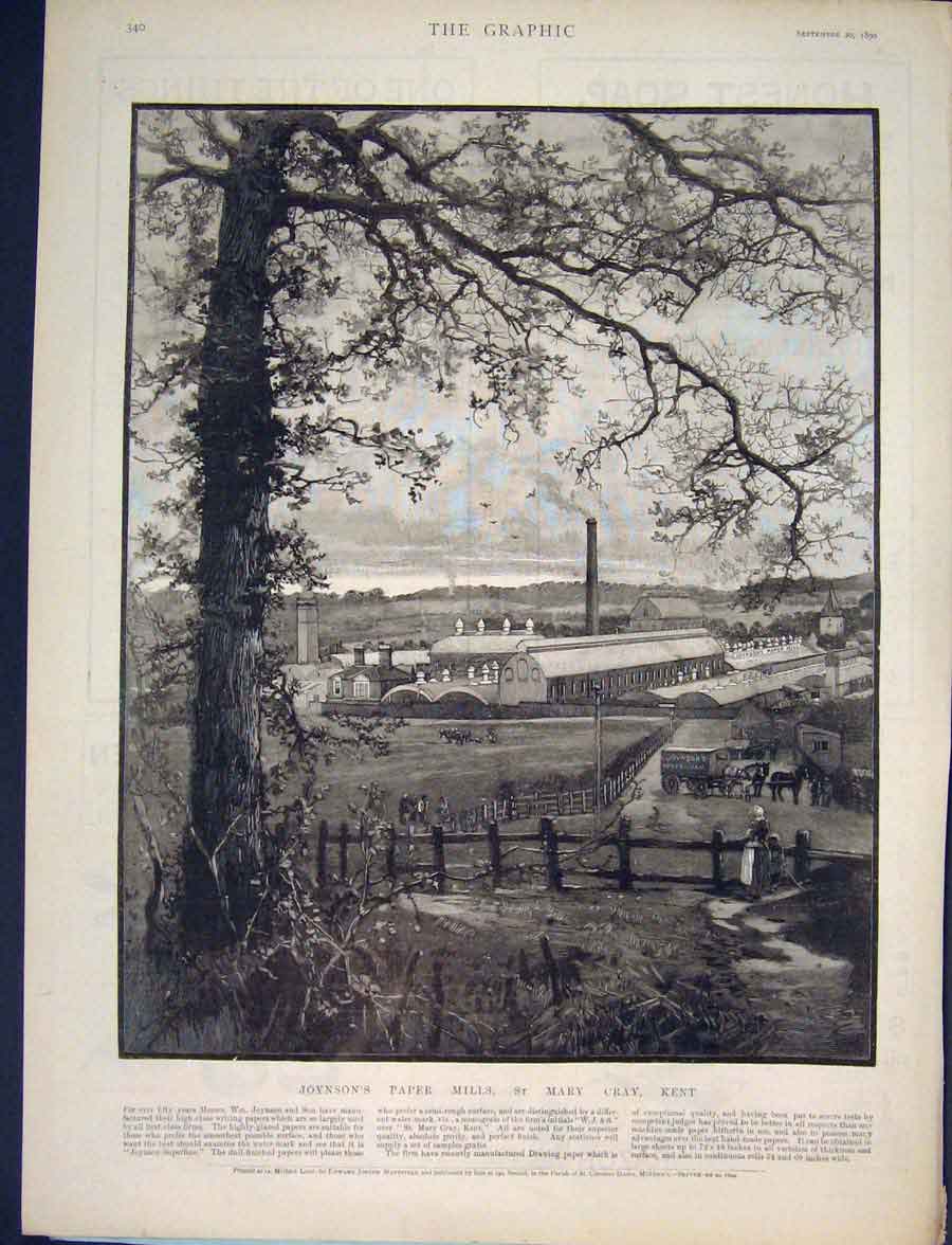 Original Old Antique Print Joynson'S Paper Mills St Mary Cray Kent 1890 19th