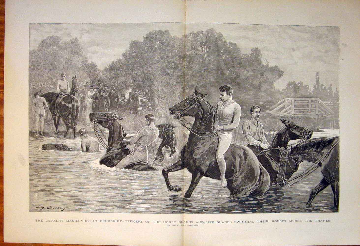 Old Antique Print Cavalry Berkshire Officers Horse Guards Thames Charlton