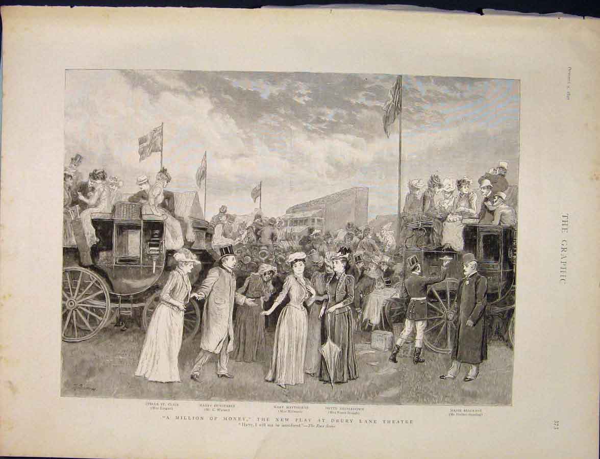 Original Old Antique Print Drury Lane Theatre London Millward Standing 1890 19th