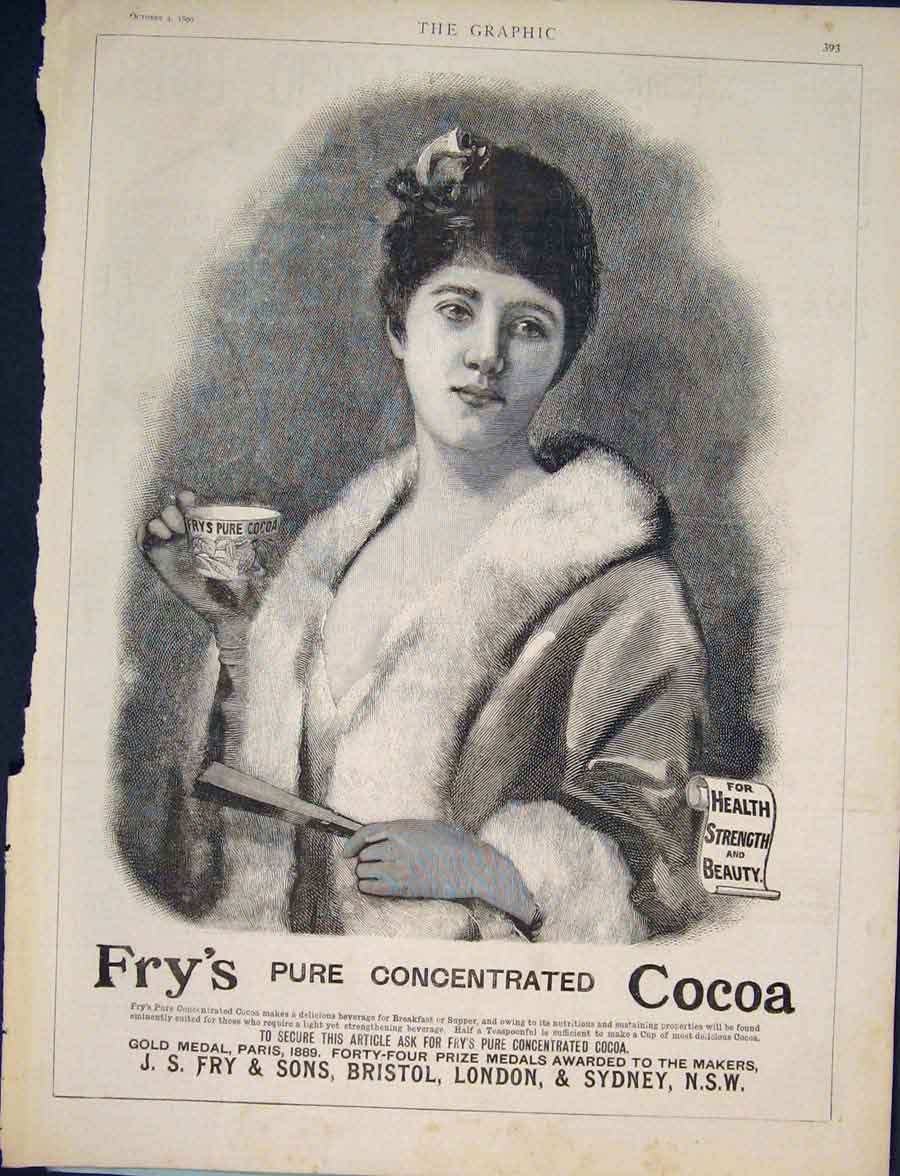 Original Old Antique Print Fry'S Frys Cocoa Fry Advert Drink Beverage 1890 19th