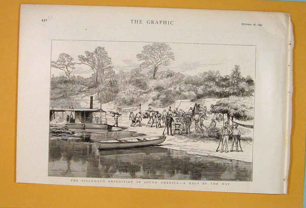 Original Old Antique Print Pilcomayo Expedition South America 1890 Victorian