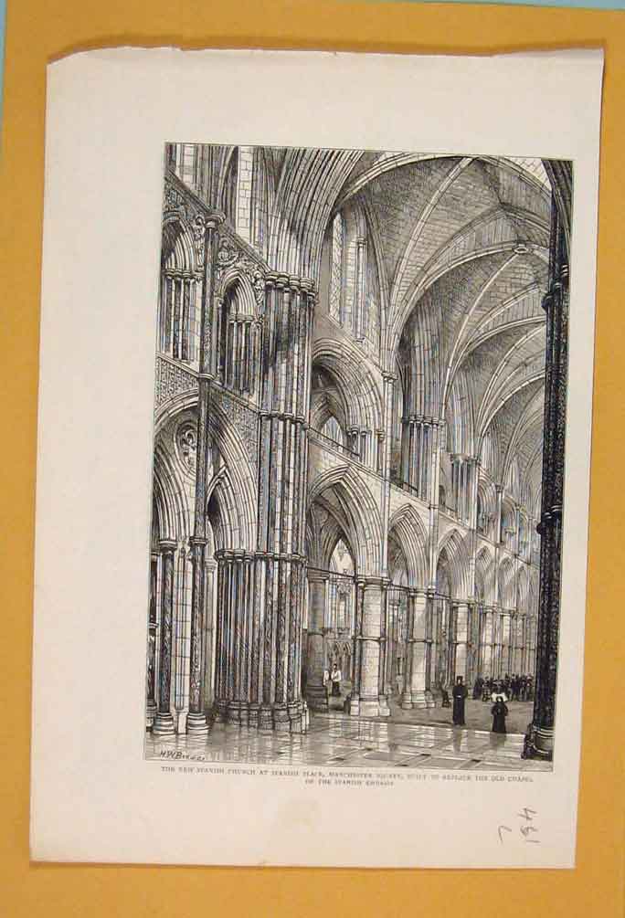 Original Old Antique Print Spanish Church Manchester Square Chapel Embassy 1890
