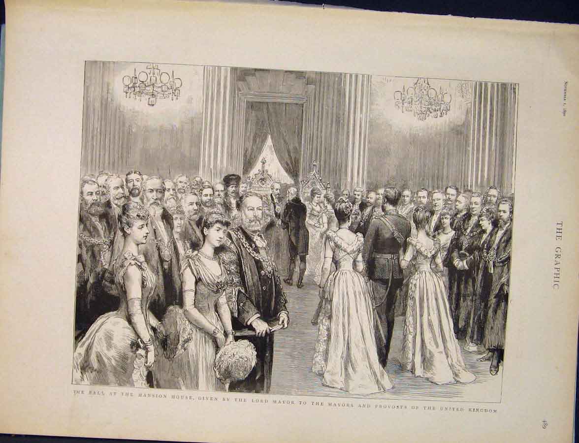 Original Old Antique Print Ball Mansion House Mayor Provost London 1890 19th