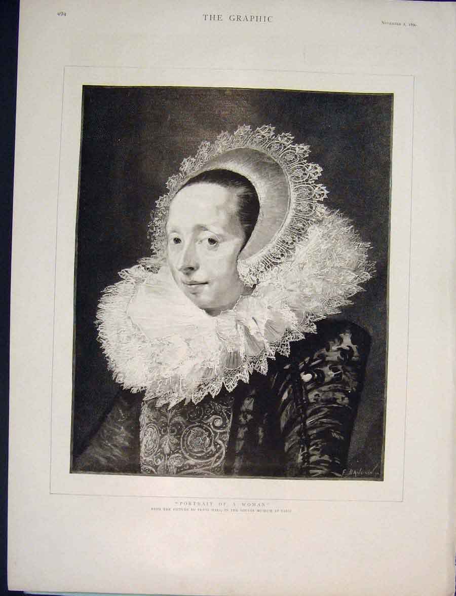 Original Old Antique Print Portrait Woman Franz Hals Louvre Museum Paris 1890