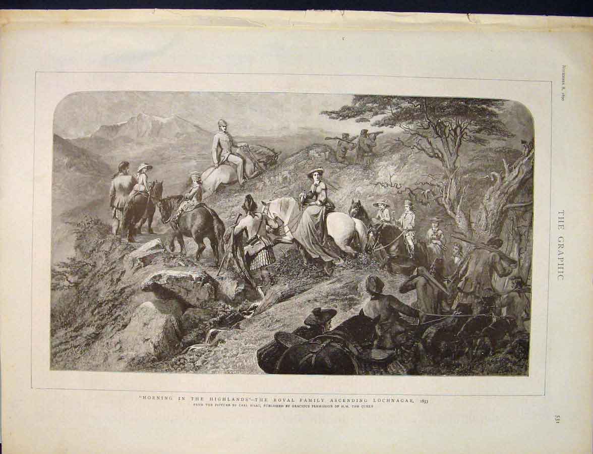 Original Old Antique Print Highlands Loch Nagar Haag Scotland Queen 1890 19th