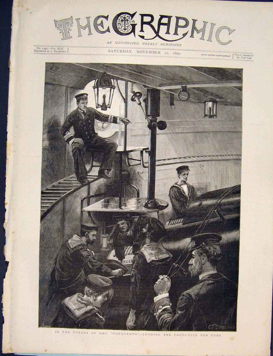 Original Old Antique Print Hms Conqueror Forty-Five Ton Guns Turret Ship 1890