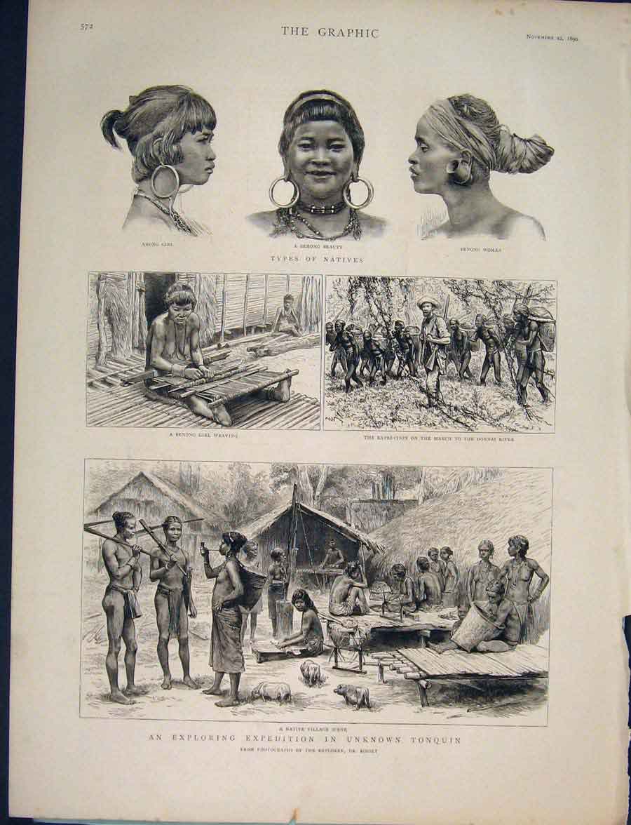 Original Old Antique Print Natives Tonquin Expedition Rosset Weaver Donnai 1890