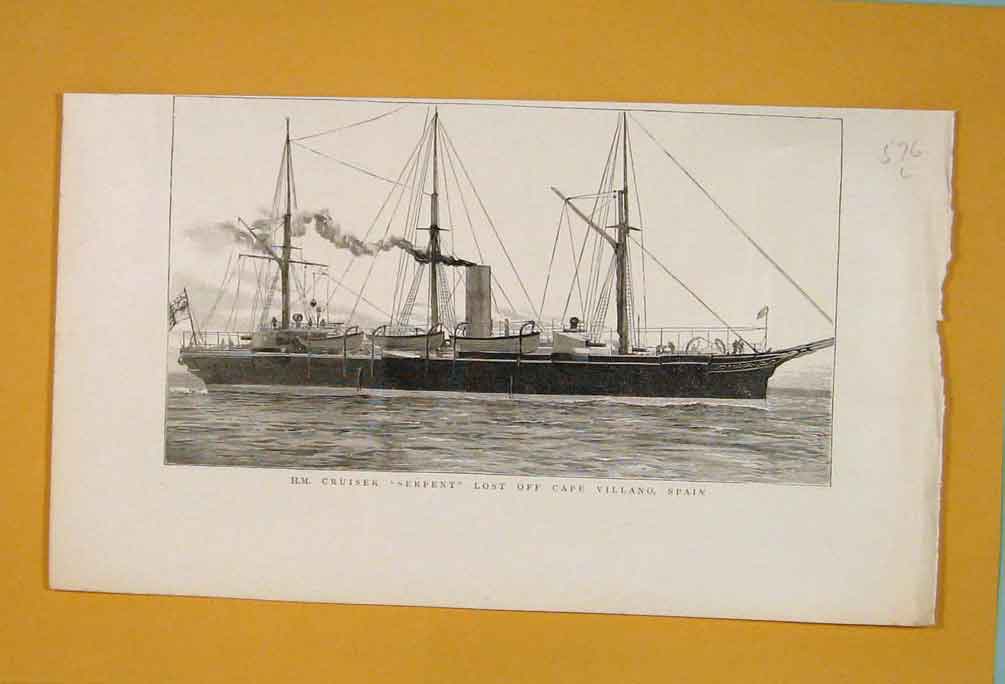 Original Old Antique Print Hm Cruiser Serpent Cape Villano Spain Ship 1890 19th