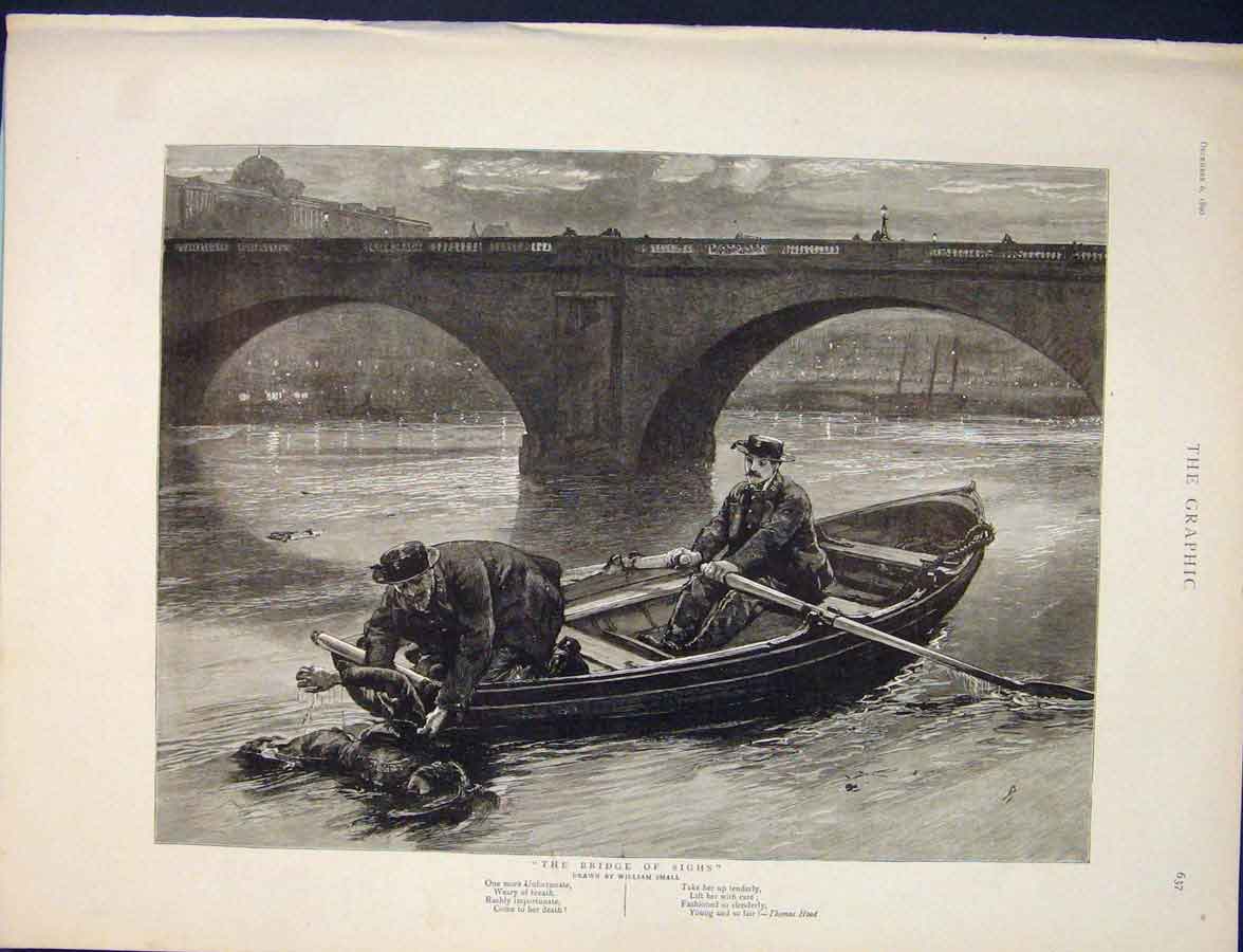 Original Old Antique Print Bridge Sighs William Small River Boat 1890 Victorian