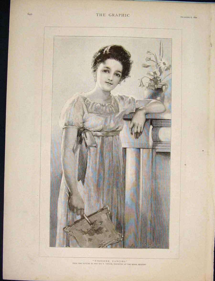 Original Old Antique Print Fireside Fancies Taylor Young Lady Portrait 1890 19th