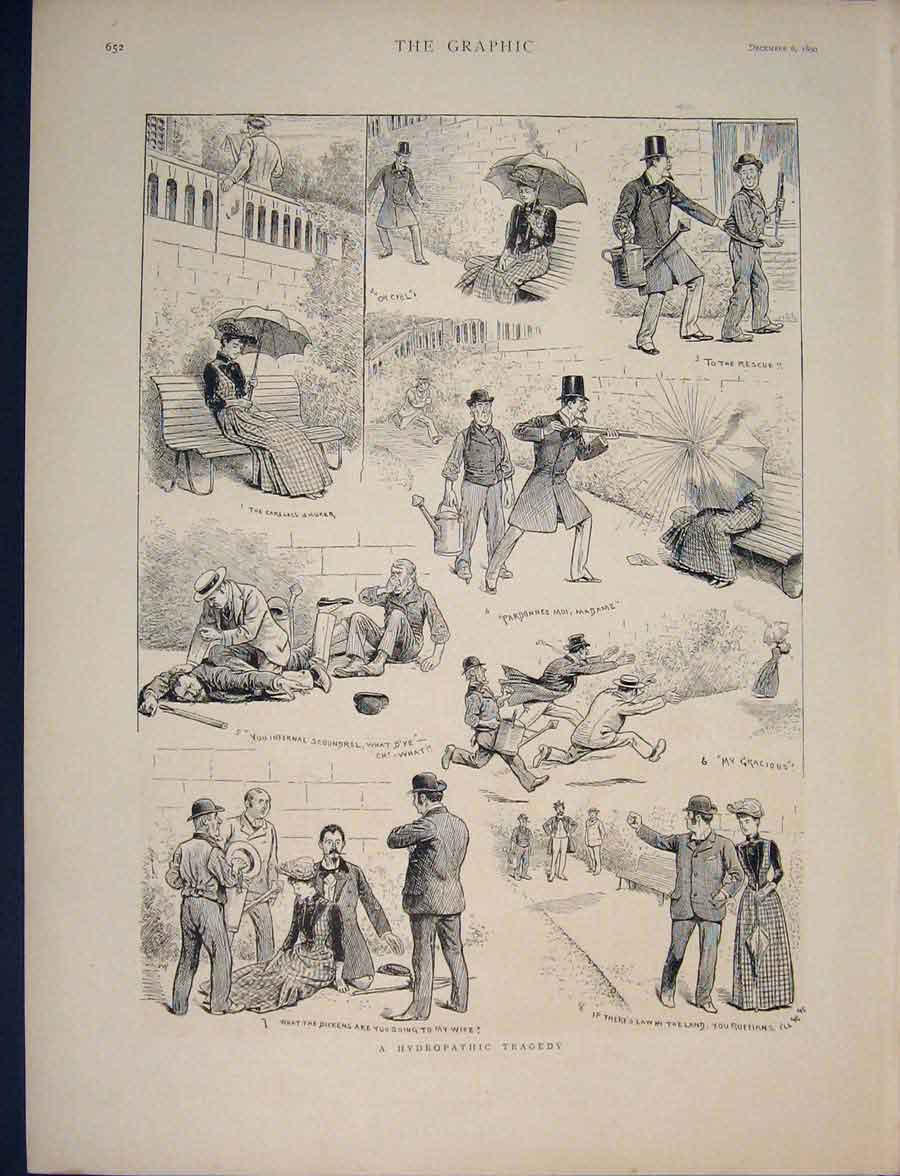 Original Old Antique Print Hydropathic Tragedy Sketch Cigarette Smoking 1890
