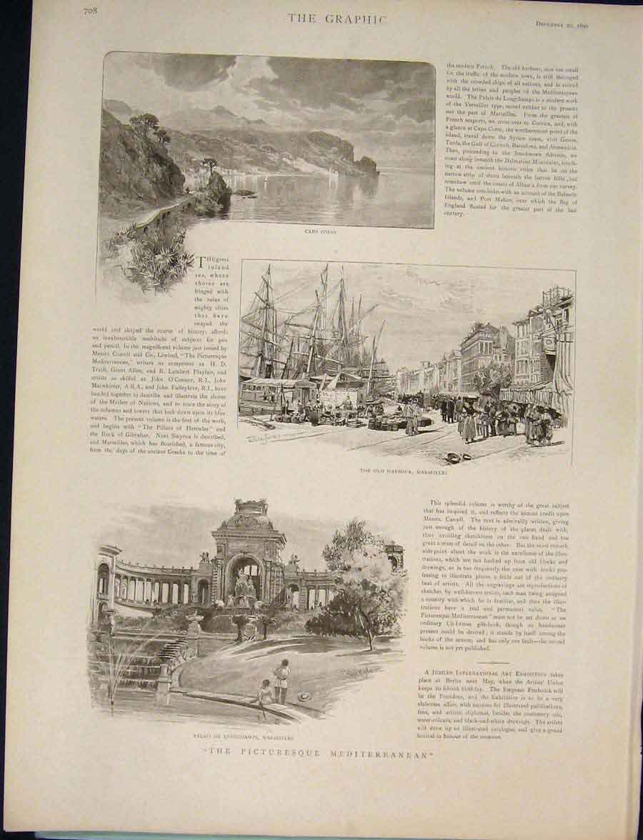 Original Old Antique Print Mediterranean Marseilles Capo Corso France 1890 19th