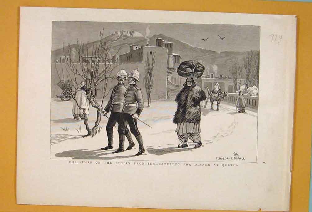 Original Old Antique Print Christmas Indian Frontier Quetta Dinner 1890 19th