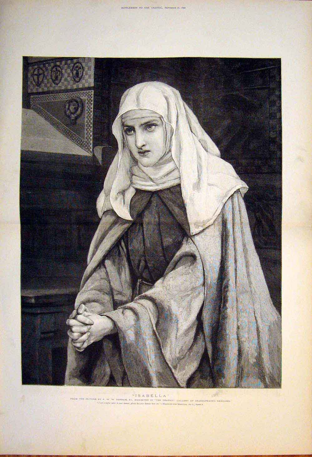 Original Old Antique Print Isabella Topham Portrait Shakespeare Theatre 1890