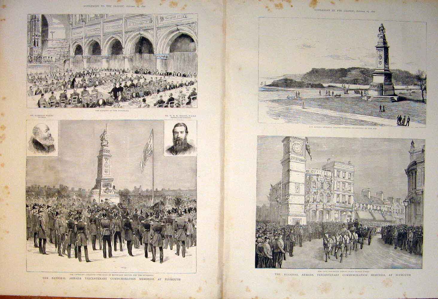Original Old Antique Print National Armada Memorial Plymouth Statue 1890 19th