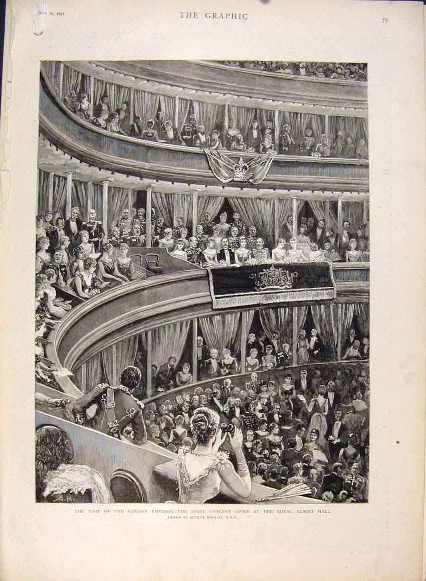 Original Old Antique Print German Emperor Concert Hopkins Crystal Palace 1891