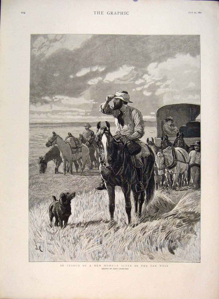 Original Old Antique Print Charlton Home West Fine Art 1891 Settlers Victorian