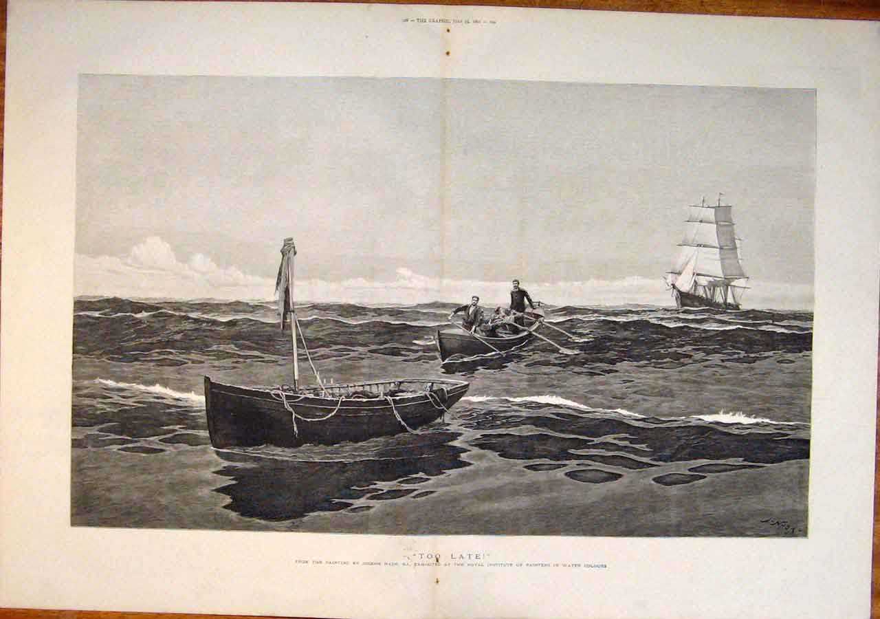 Original Old Antique Print Too Late Boat Wreck Nash Sea Ship Life-Boat 1891