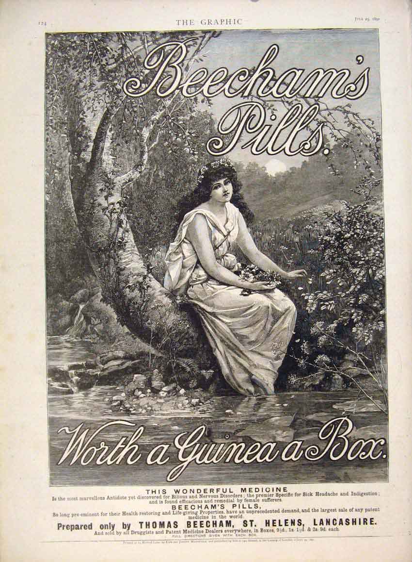 Old Antique Print Beecham'S Pills Medicine Advertisement Lady Stream 1891 19th