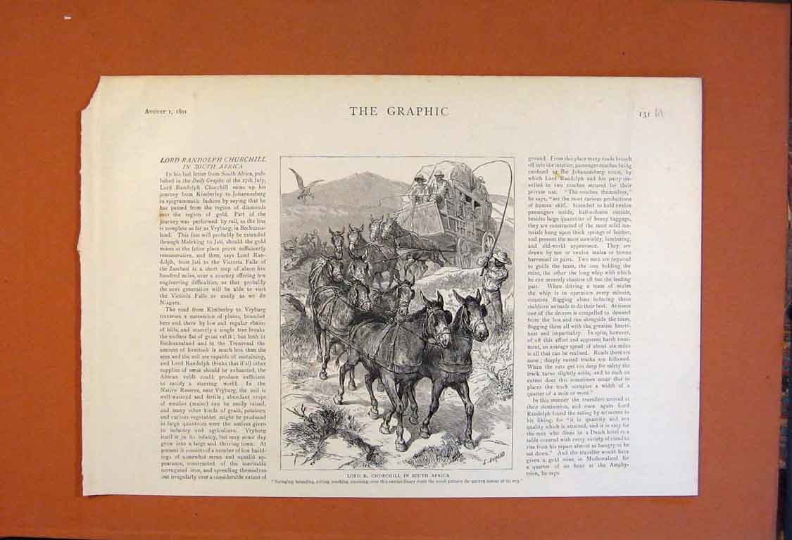 Original Old Antique Print Lord Randolph Churchill South Africa Coach 1891 19th