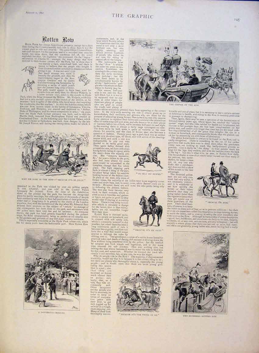 Original Old Antique Print Rotten Row Sketches Horses Riders London 1891 19th