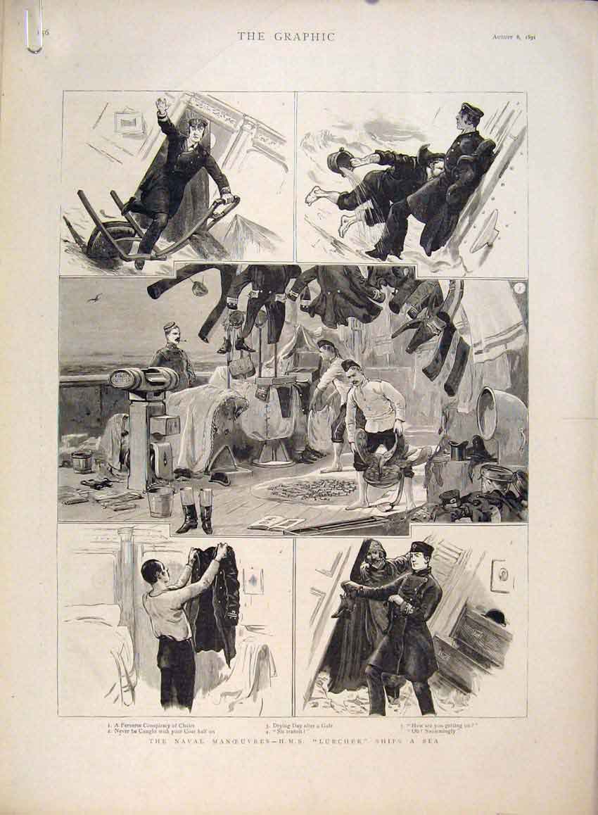 Old Antique Print Naval Manoeuvres Hms Lurcher Ship Sea Cliff Lady 1891 19th